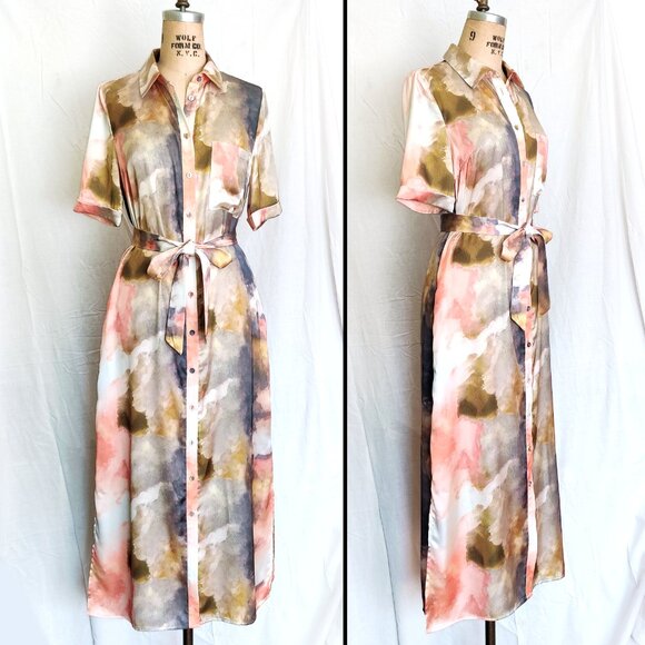 FRNCH Paris Abigail Maxi Shirt Dress in Silky Watercolor Tie Dye Print Small EUC - Picture 2 of 9